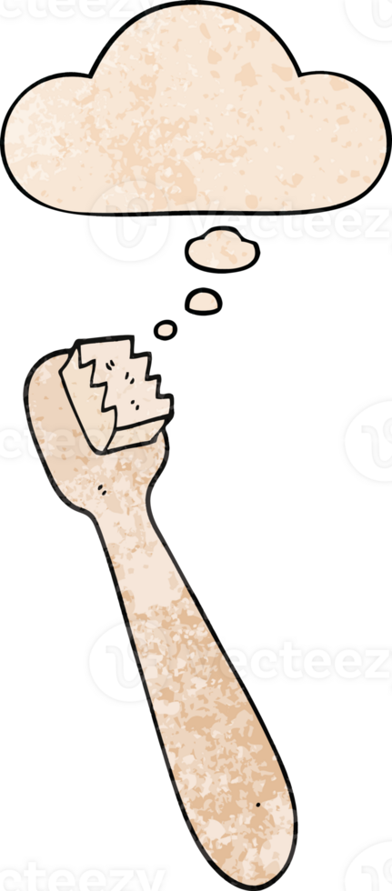 cartoon toothbrush with thought bubble in grunge texture style png