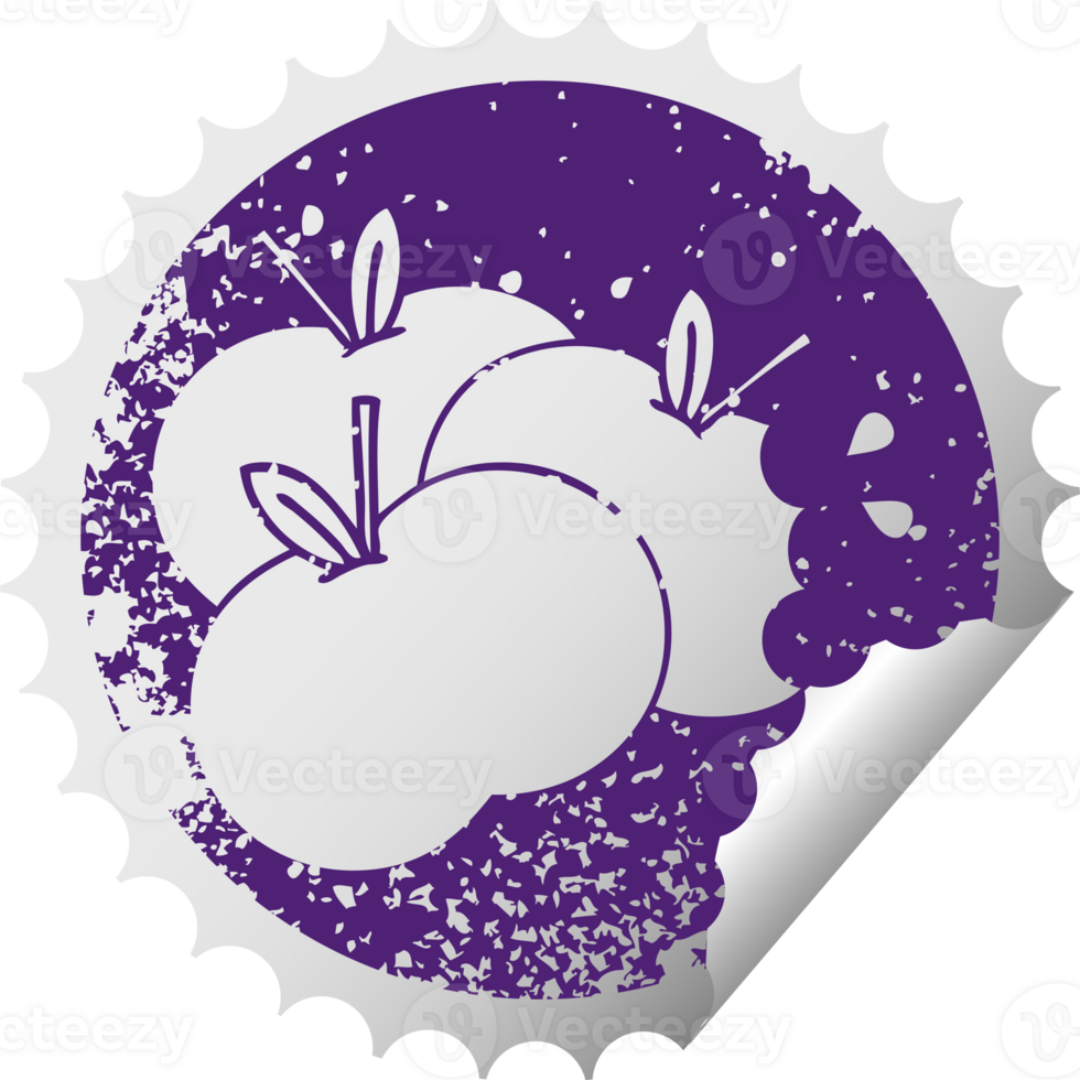 distressed circular peeling sticker symbol of a juicy apple png