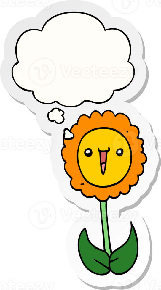 tecknad serie blomma med trodde bubbla som en tryckt klistermärke png