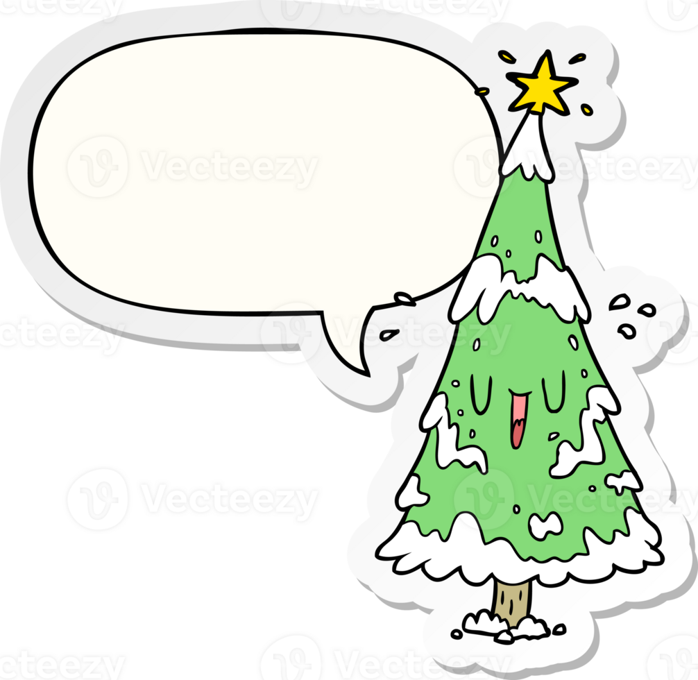 cartoon snowy christmas tree with happy face with speech bubble sticker png