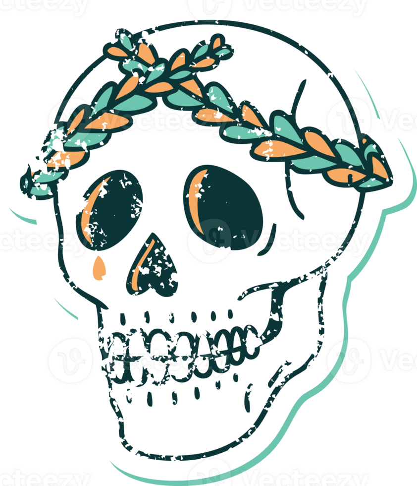 iconic distressed sticker tattoo style image of a skull with laurel wreath crown png