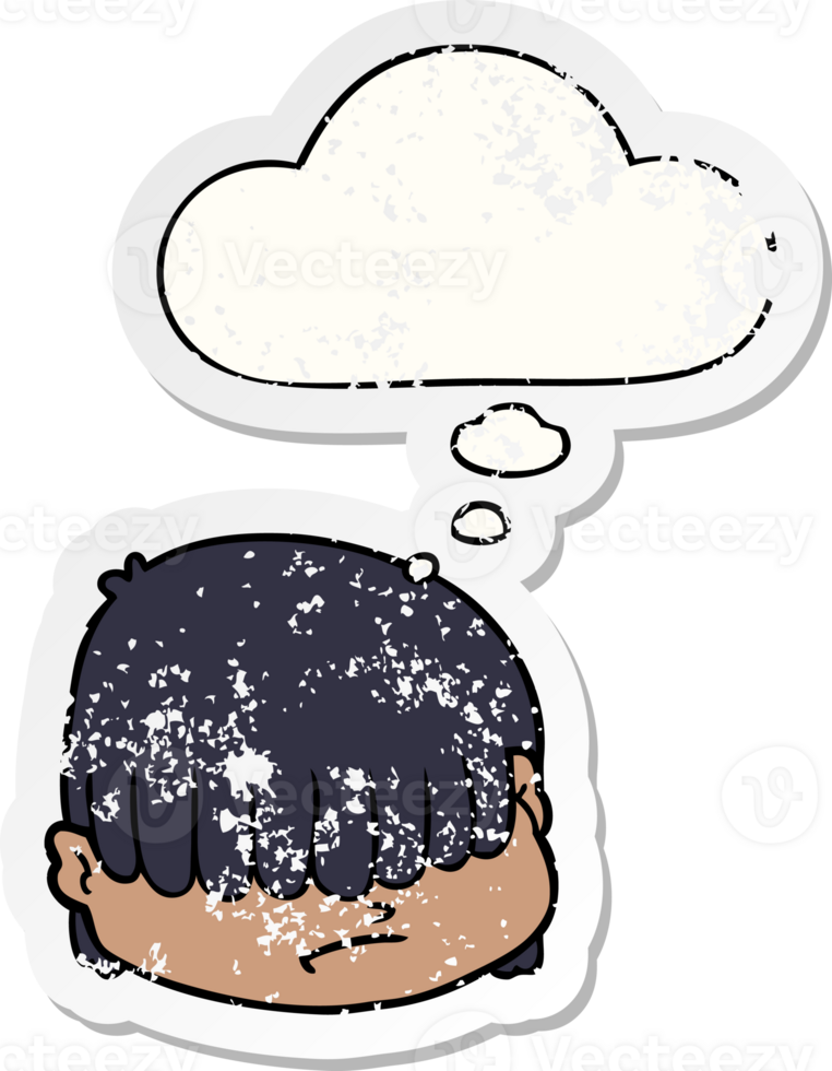 cartoon face with hair over eyes with thought bubble as a distressed worn sticker png