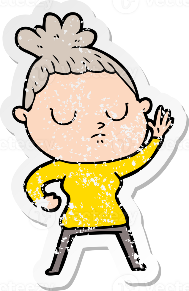 distressed sticker of a cartoon calm woman png