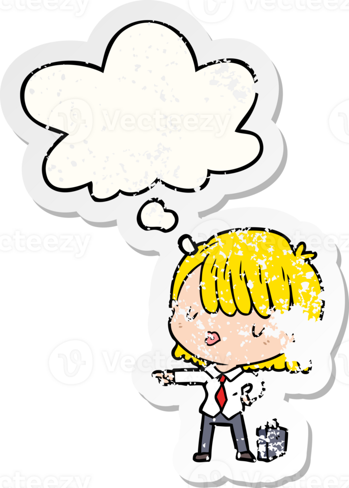 cartoon efficient businesswoman with thought bubble as a distressed worn sticker png
