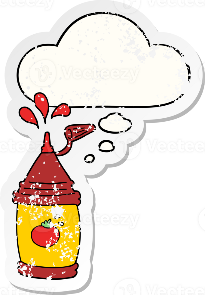 cartoon ketchup bottle with thought bubble as a distressed worn sticker png