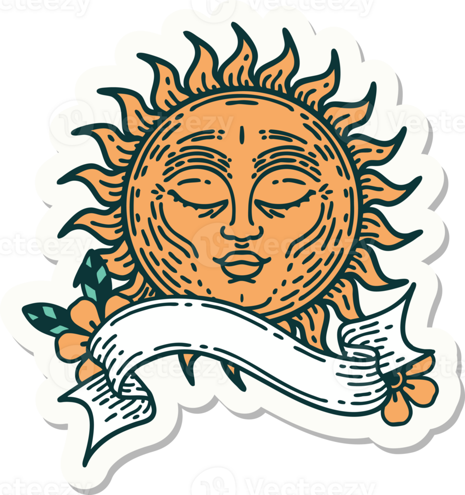 tattoo style sticker with banner of a sun png