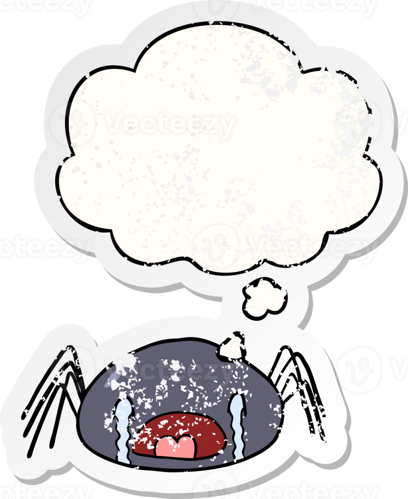 cartoon crying spider with thought bubble as a distressed worn sticker png