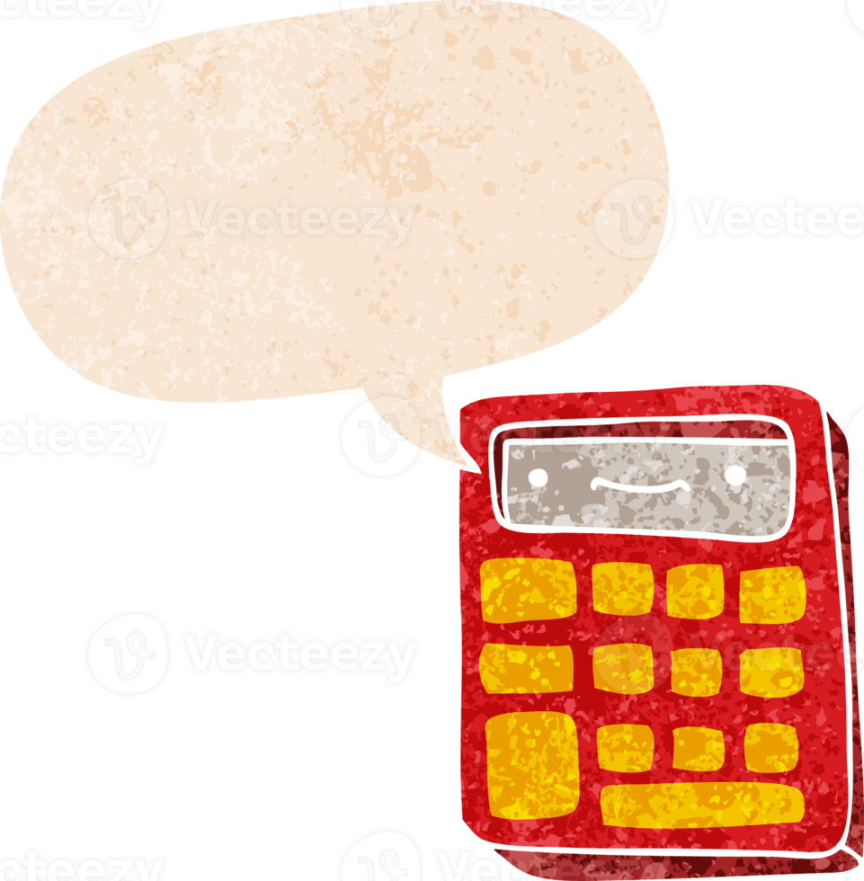 cartoon calculator with speech bubble in grunge distressed retro textured style png