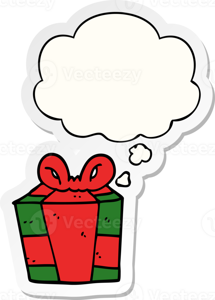 cartoon present with thought bubble as a printed sticker png