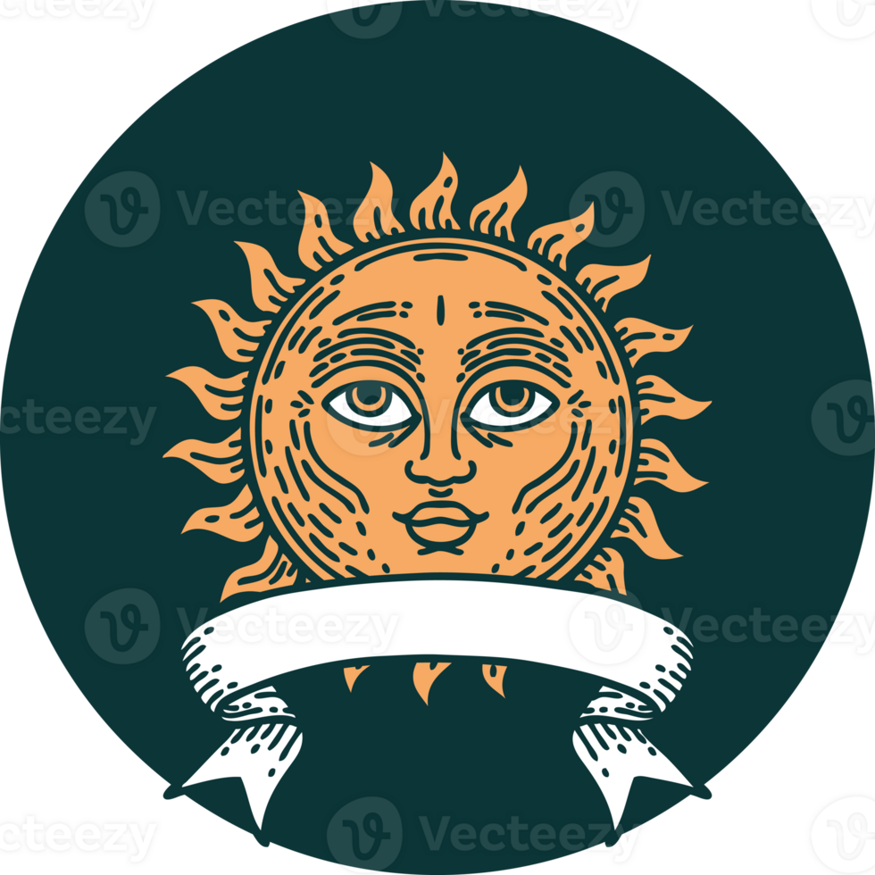 tattoo style icon with banner of a sun with face png