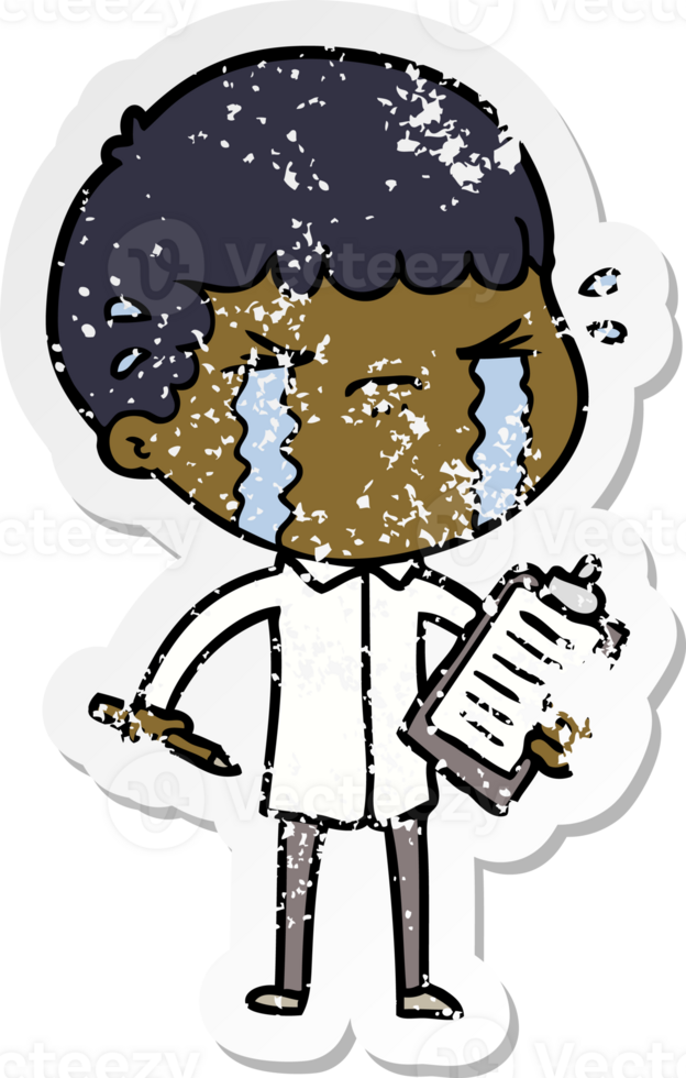 distressed sticker of a cartoon man crying png