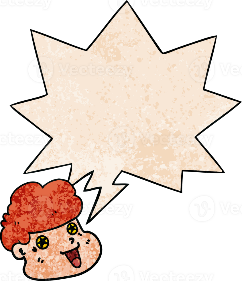 cartoon boy's face with speech bubble in retro texture style png