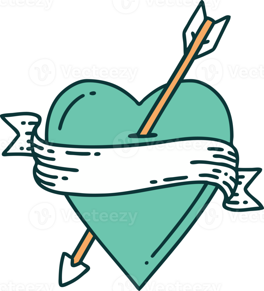 iconic tattoo style image of an arrow heart and banner png