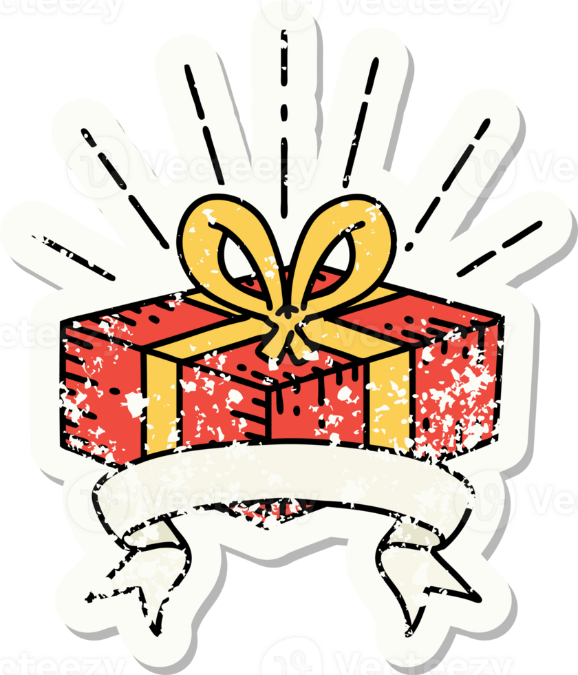 worn old sticker of a tattoo style christmas present png