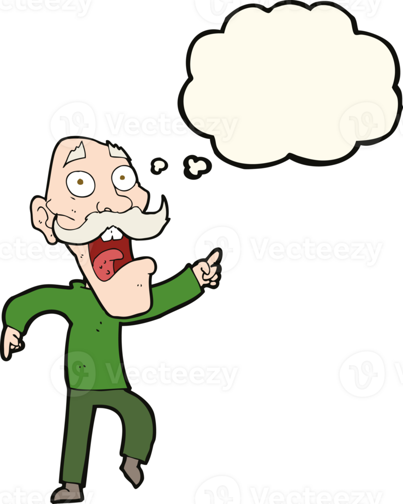 cartoon frightened old man with thought bubble png