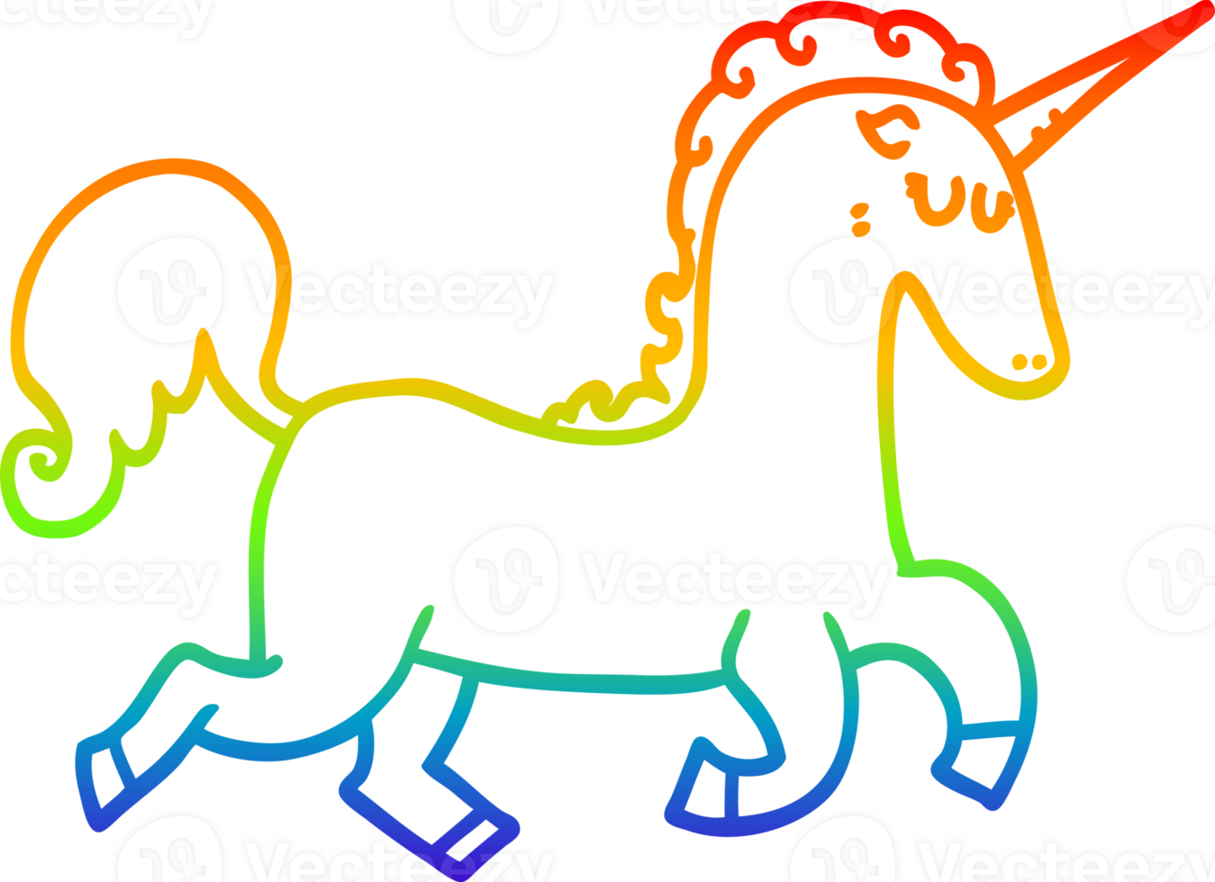 rainbow gradient line drawing of a cartoon unicorn png