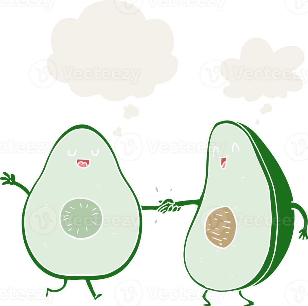 cartoon dancing avocados with thought bubble in retro style png