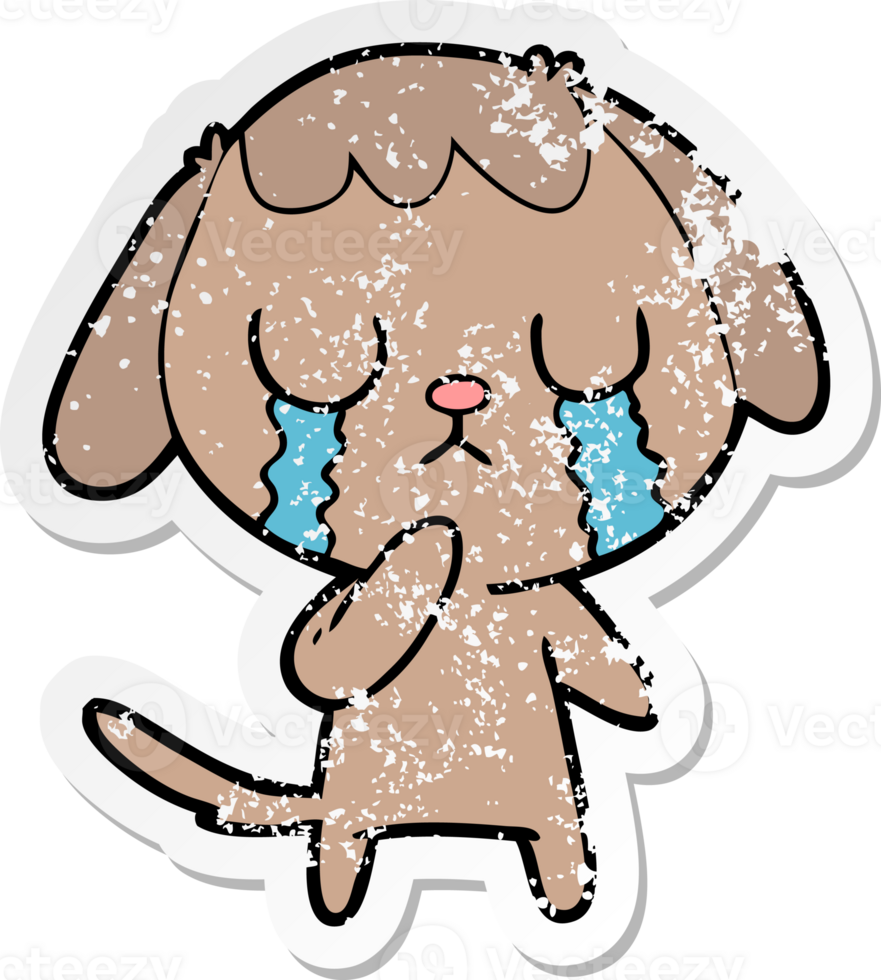 distressed sticker of a cute cartoon dog crying png