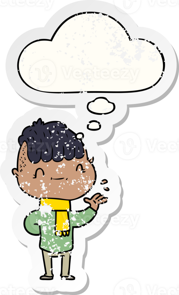 cartoon friendly boy with thought bubble as a distressed worn sticker png