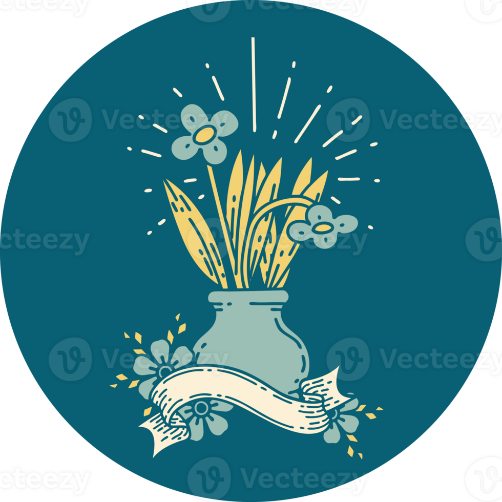 icon of a tattoo style flowers in vase png