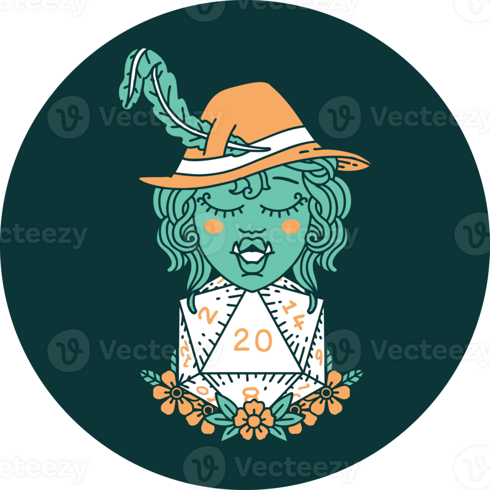 icon of half orc bard with natural twenty dice roll png