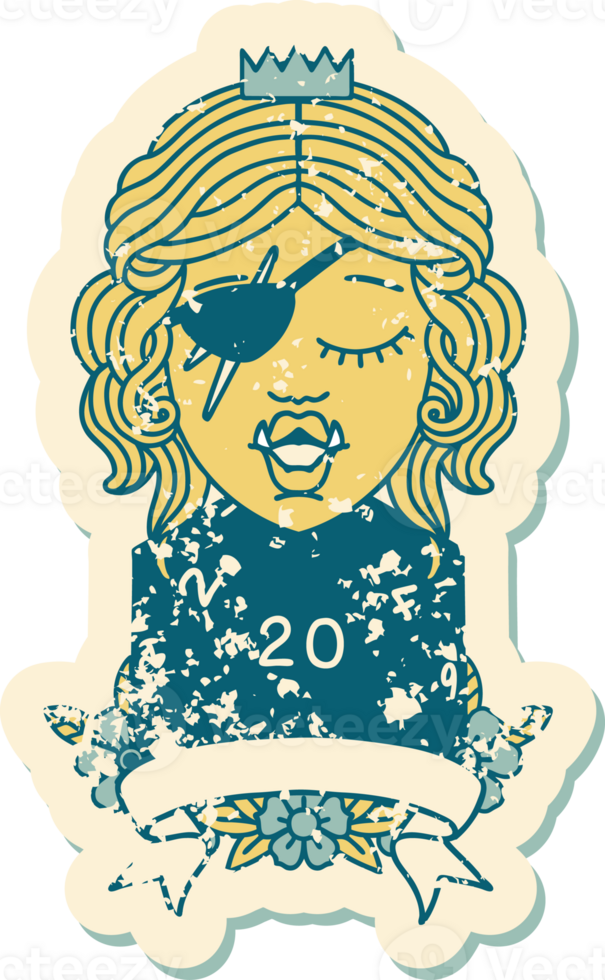 Retro Tattoo Style half orc rogue character with natural twenty dice roll png