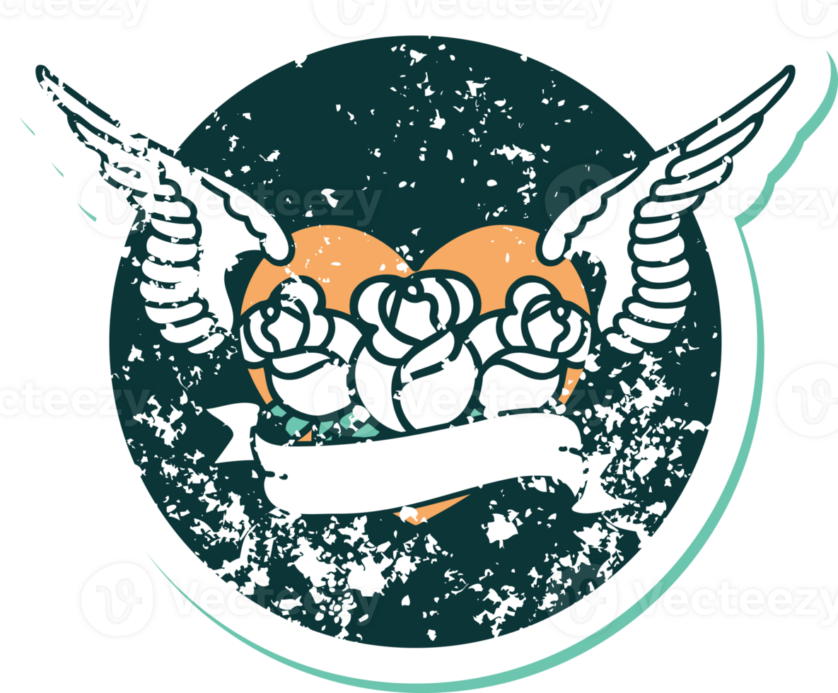 iconic distressed sticker tattoo style image of a flying heart with flowers and banner png