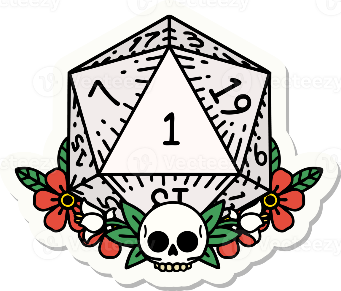 sticker of a natural one dice roll with floral elements png