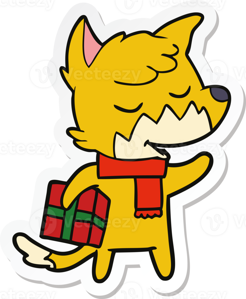 sticker of a friendly cartoon fox with christmas present png