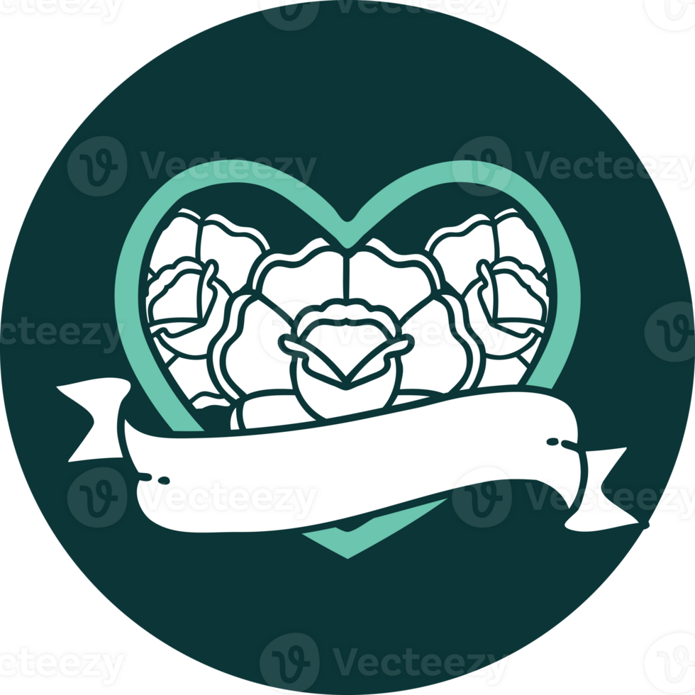 tattoo style icon of a heart and banner with flowers png