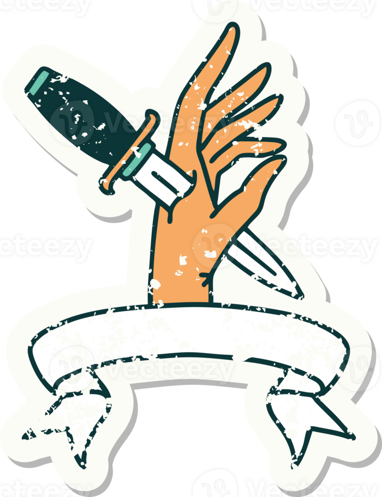 grunge sticker with banner of a dagger in the hand png