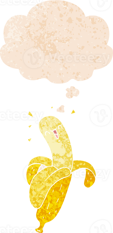 cartoon banana and thought bubble in retro textured style png