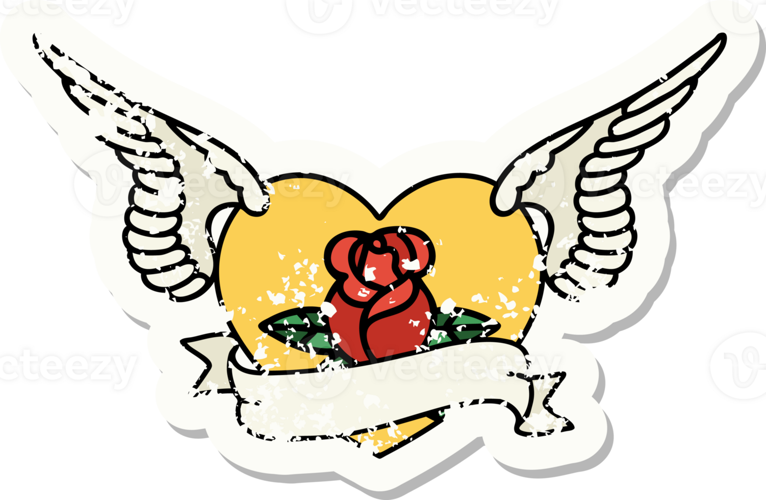 traditional distressed sticker tattoo of a flying heart with flowers and banner png