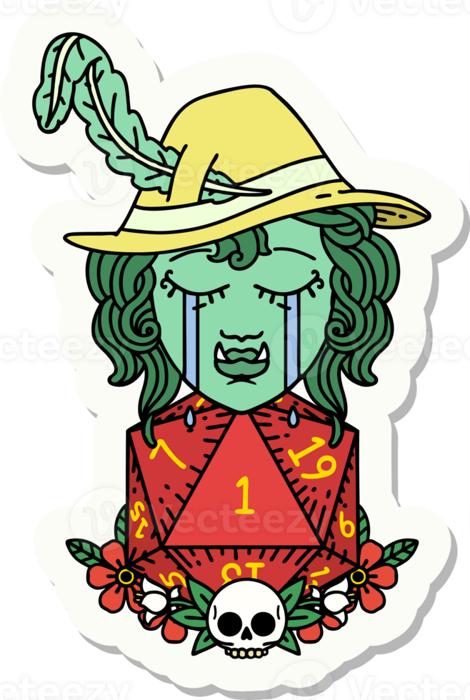 crying bard orc bard character with natural one D20 roll sticker png