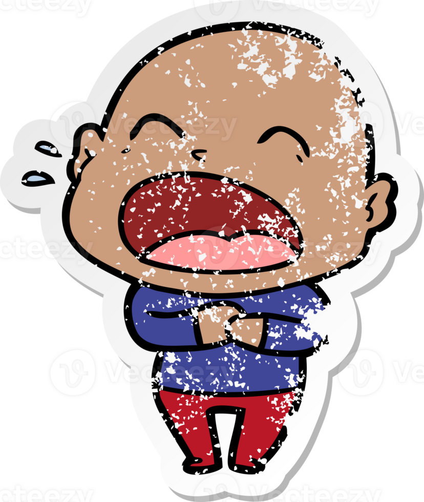 distressed sticker of a cartoon shouting bald man png