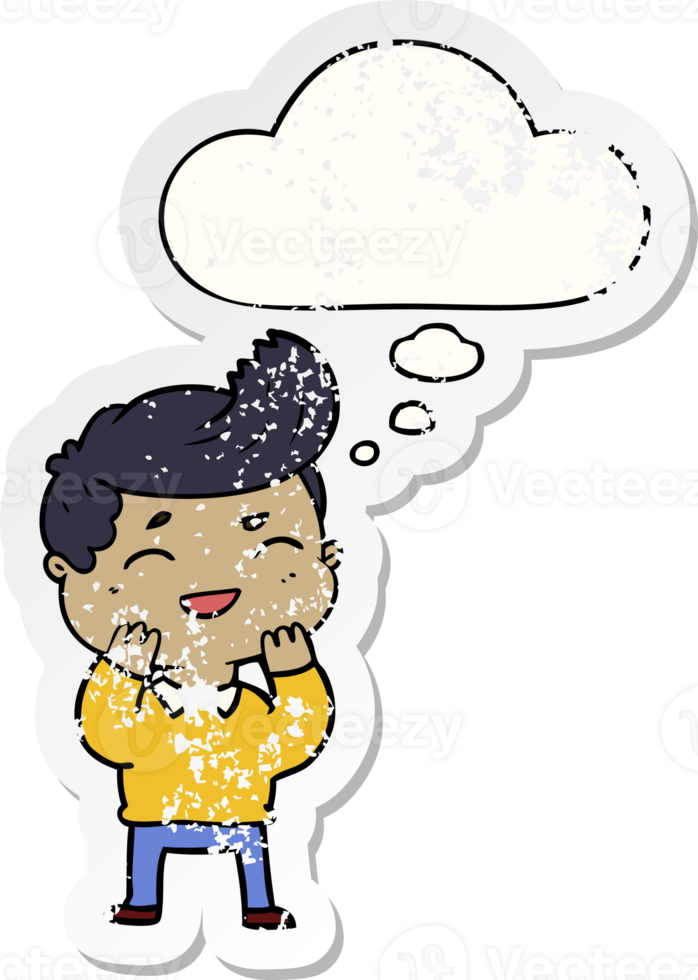 cartoon man laughing and thought bubble as a distressed worn sticker png