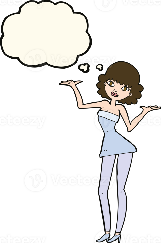 cartoon woman in cocktail dress with thought bubble png