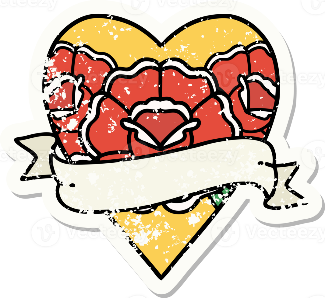 traditional distressed sticker tattoo of a heart and banner with flowers png