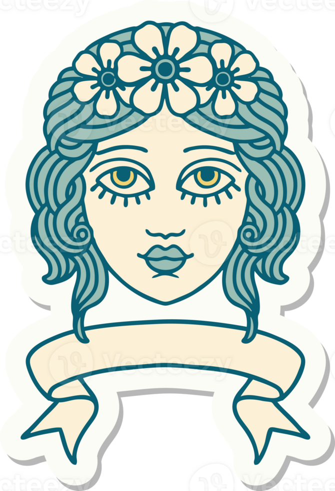 tattoo sticker with banner of female face with crown of flowers png