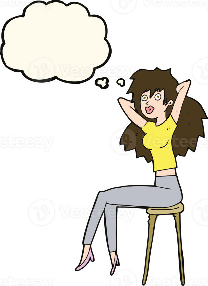 cartoon woman posing on stool with thought bubble png