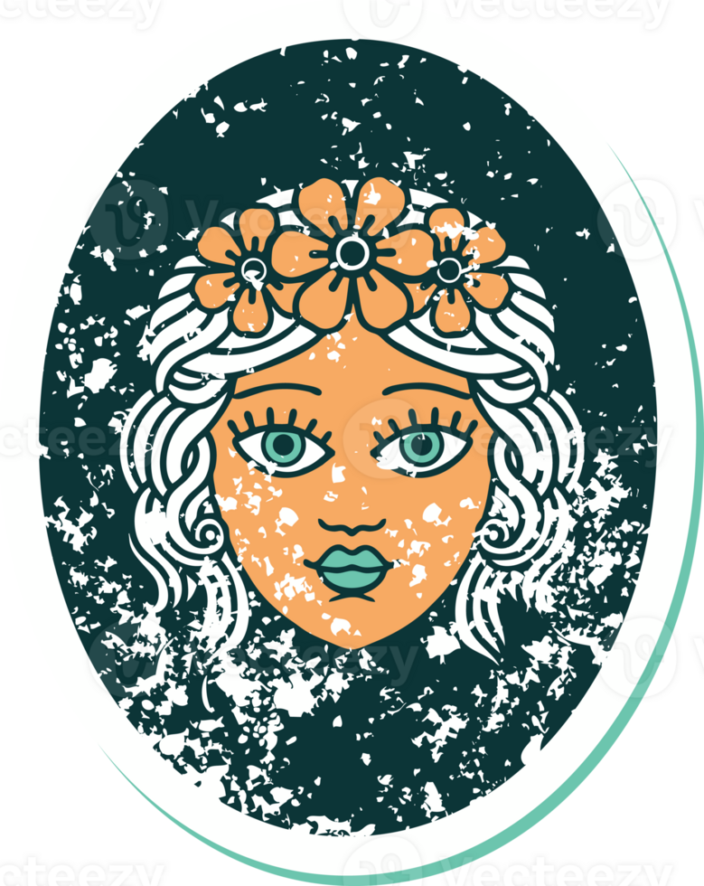 distressed sticker tattoo style icon of a maiden with crown of flowers png