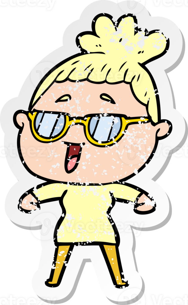 distressed sticker of a cartoon happy woman wearing spectacles png