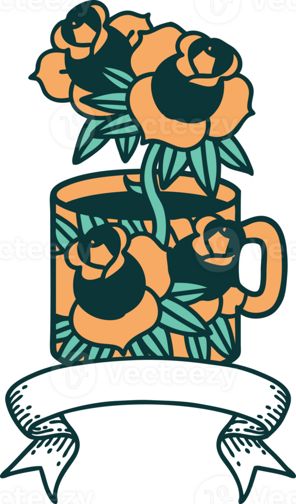 tattoo with banner of a cup and flowers png
