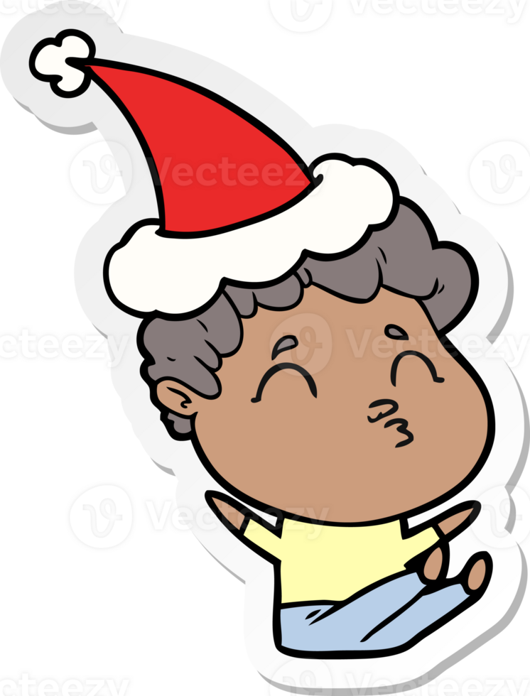sticker cartoon of a man pouting wearing santa hat png
