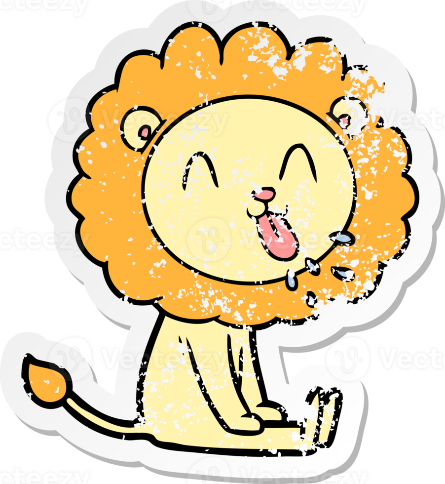 distressed sticker of a happy cartoon lion png
