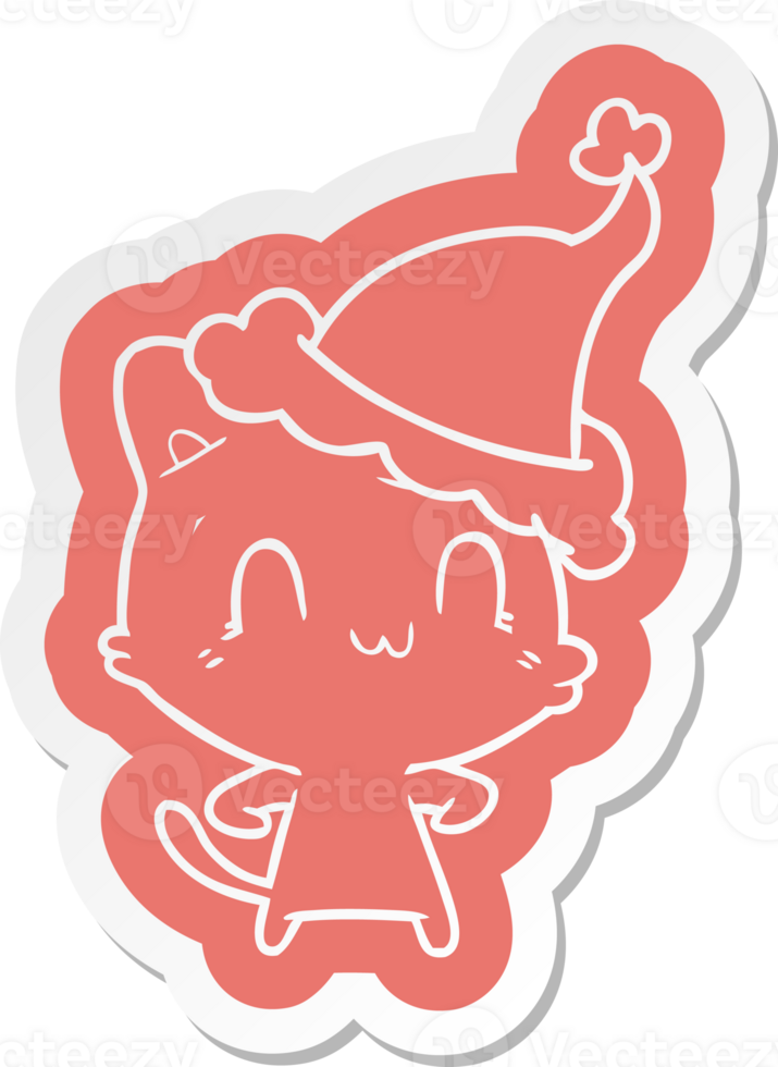 cartoon  sticker of a happy cat wearing santa hat png