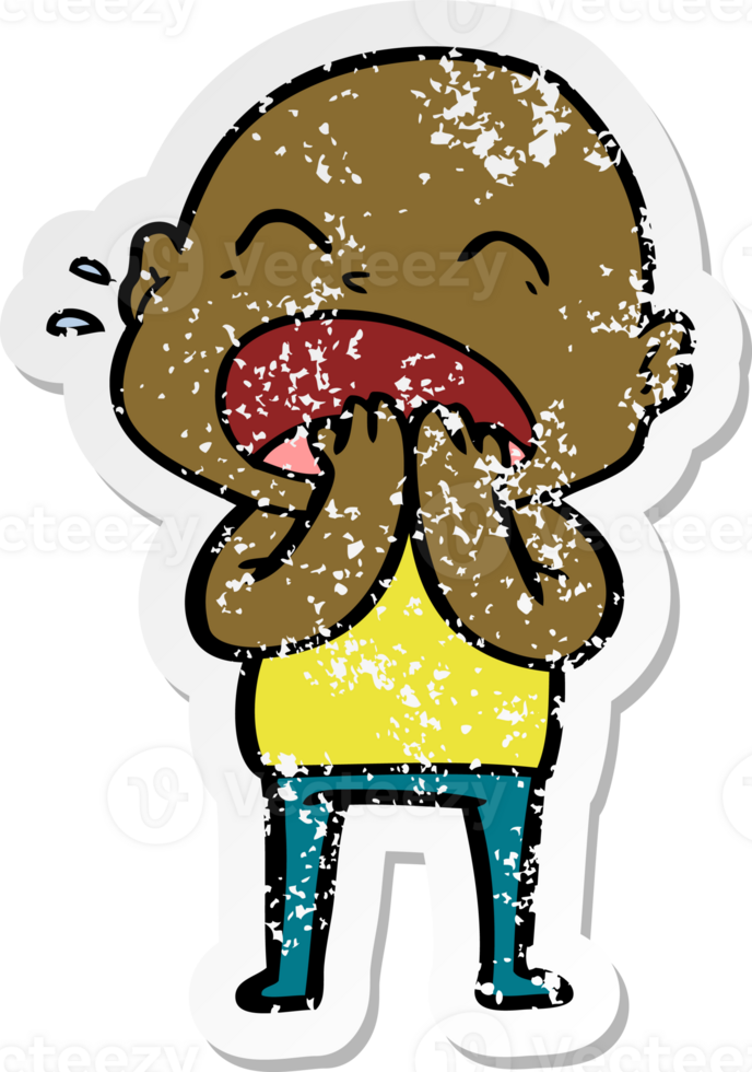 distressed sticker of a cartoon shouting bald man png