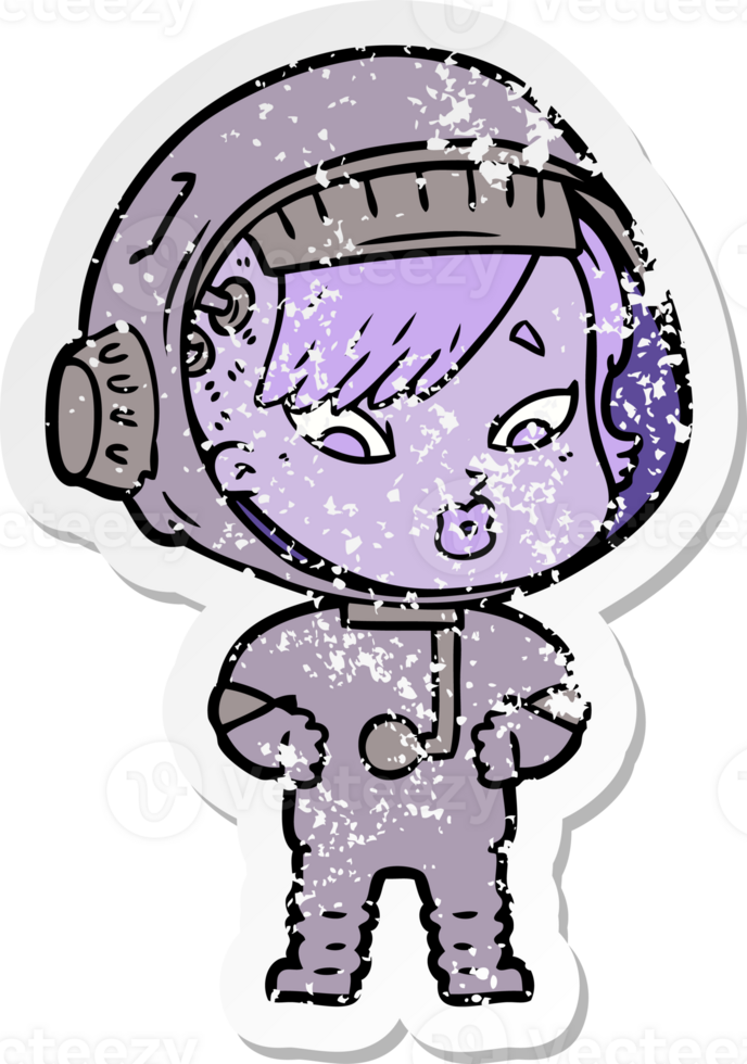 distressed sticker of a cartoon astronaut woman png