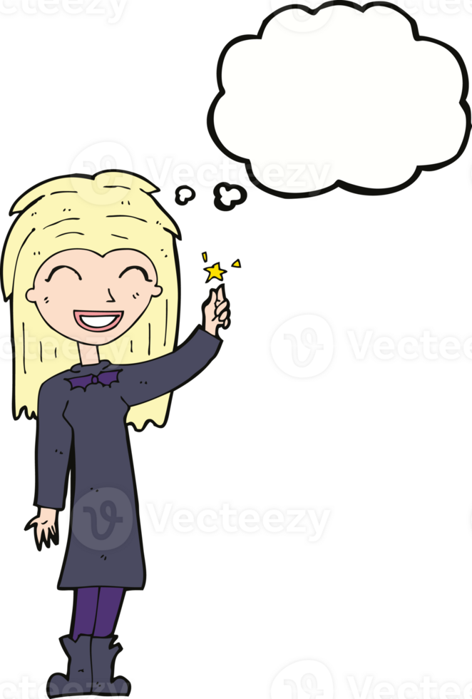 cartoon friendly witch girl with thought bubble png