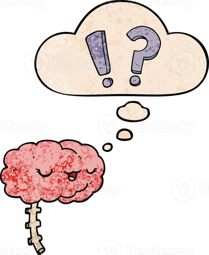 cartoon curious brain and thought bubble in grunge texture pattern style png